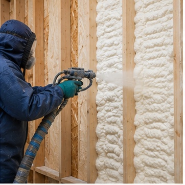 Spray foam insulation being applied to wall studs
