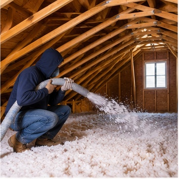 Insulation installer applying spray foam to attic rafters