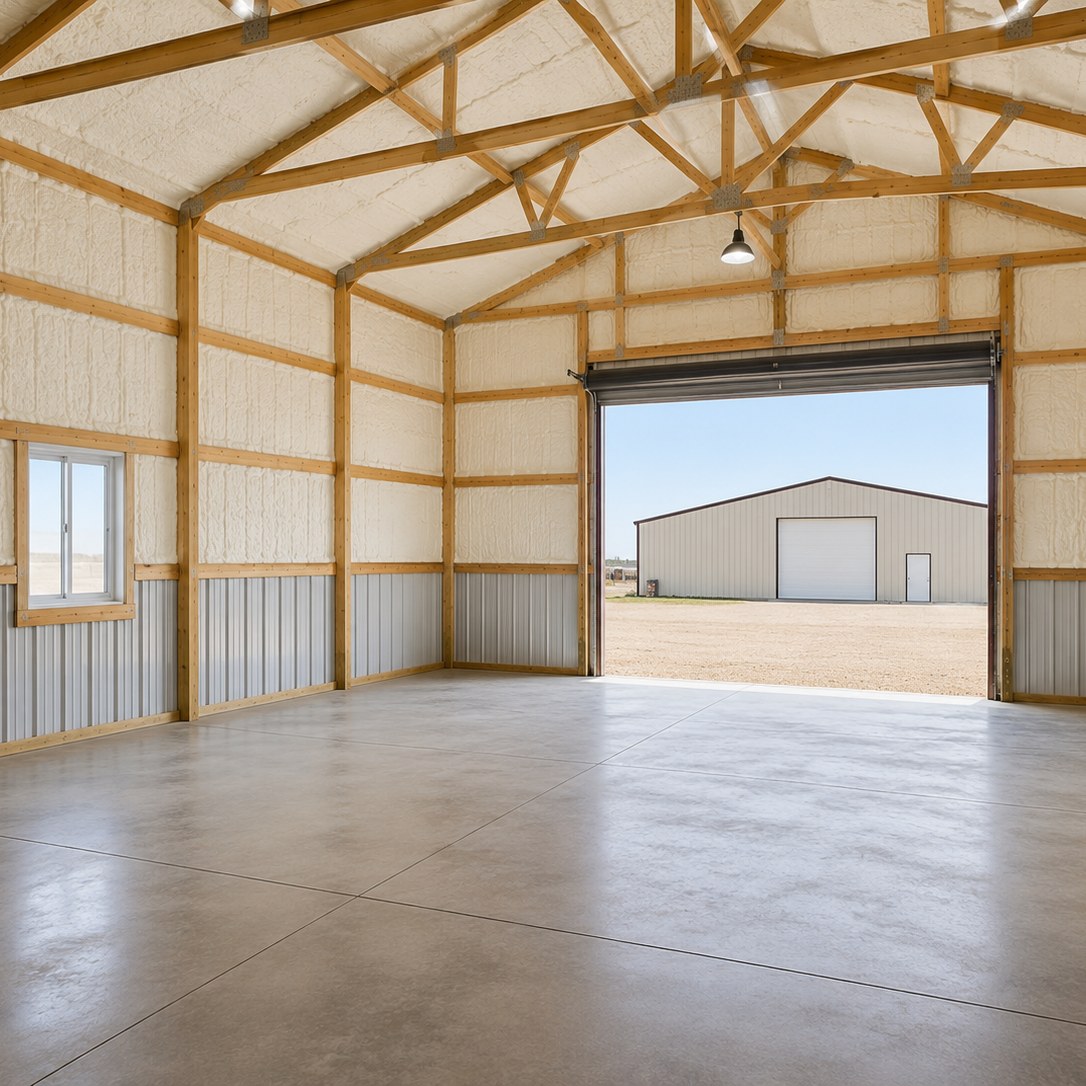 Insulated pole barn interior with open framing